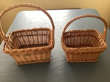 Vintage Wicker Flower Baskets With Stripes And Handles Set Of 2