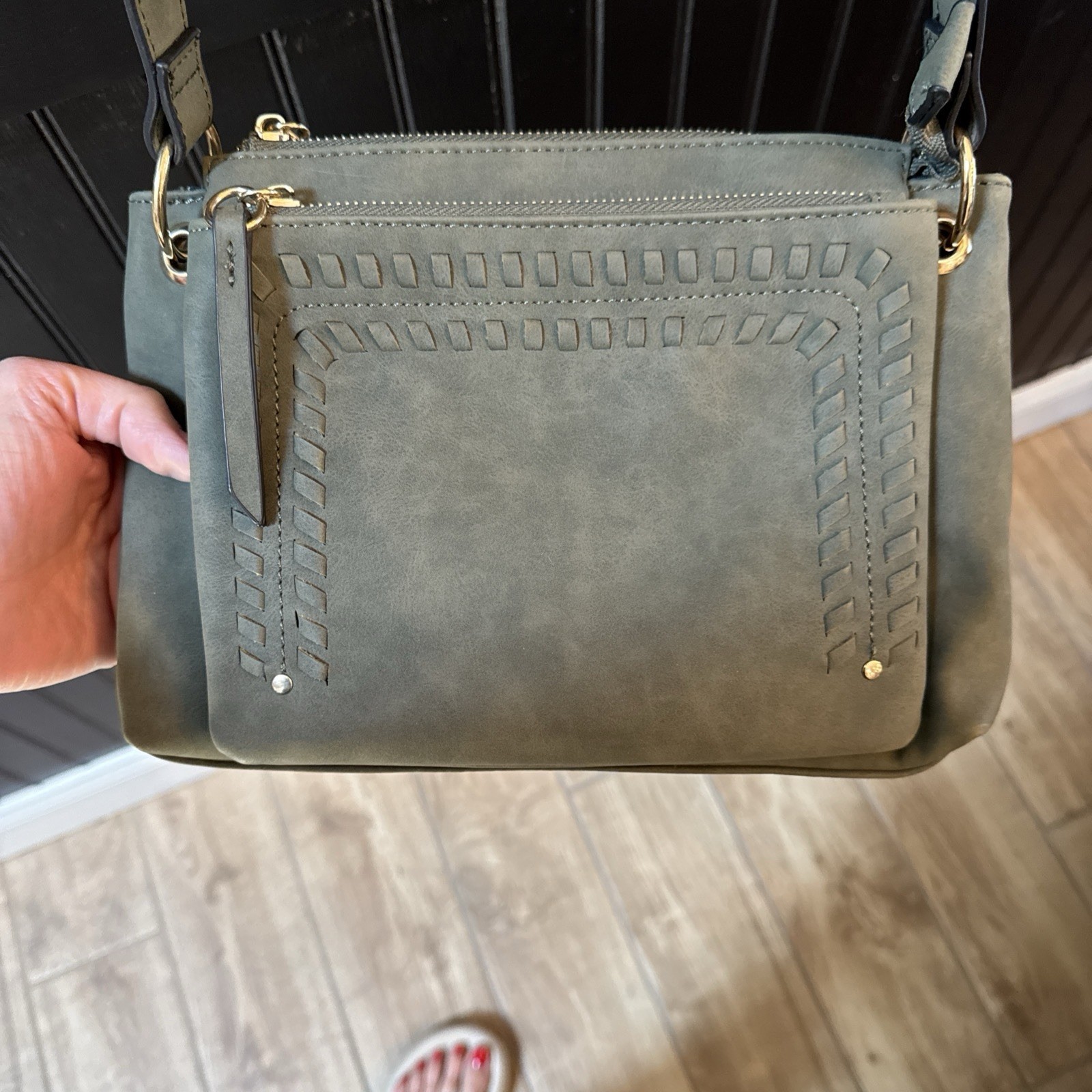 NEW Violet Ray NYC Olive Green with Gold Accents Suade Crossbody Purse