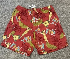 Tommy Bahama Swim Trunks Men s L Red Floral Hawaiian Nylon Lined Net Drawstring