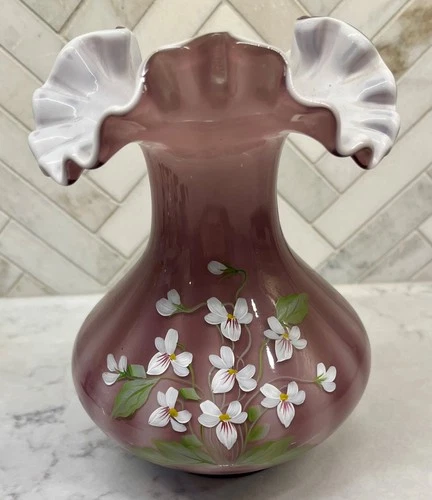 Hand Signed Fenton Plum Cased Vase with Hand Painted White Violets