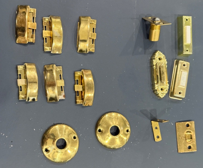Lot of Brass Door Hardware & Doorbell Parts – Plates, Rosettes, Latches – Mixed