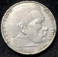 German 1937A 2 Mark 3rd Reich Paul Von Hindenburg, Berlin Mint, Silver Coin .625