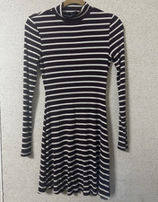 Forever 21 Burgundy/White Striped Mock Neck Long Sleeve Fit & Flare Dress M