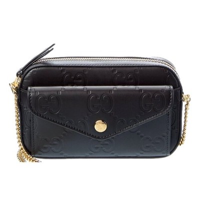 GUCCIシマレザーショルダーバック鍵付き(⁠◍⁠•⁠ᴗ⁠•⁠◍⁠)⁠❤ Gucci Gilbert Black Guccissima Leather Double Zip Camera Crossbody