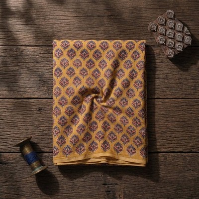 Sanskriti New Yellow Pure Cotton 1 Mtr Fabric Dabu Hand Block Printed Mud-Resist