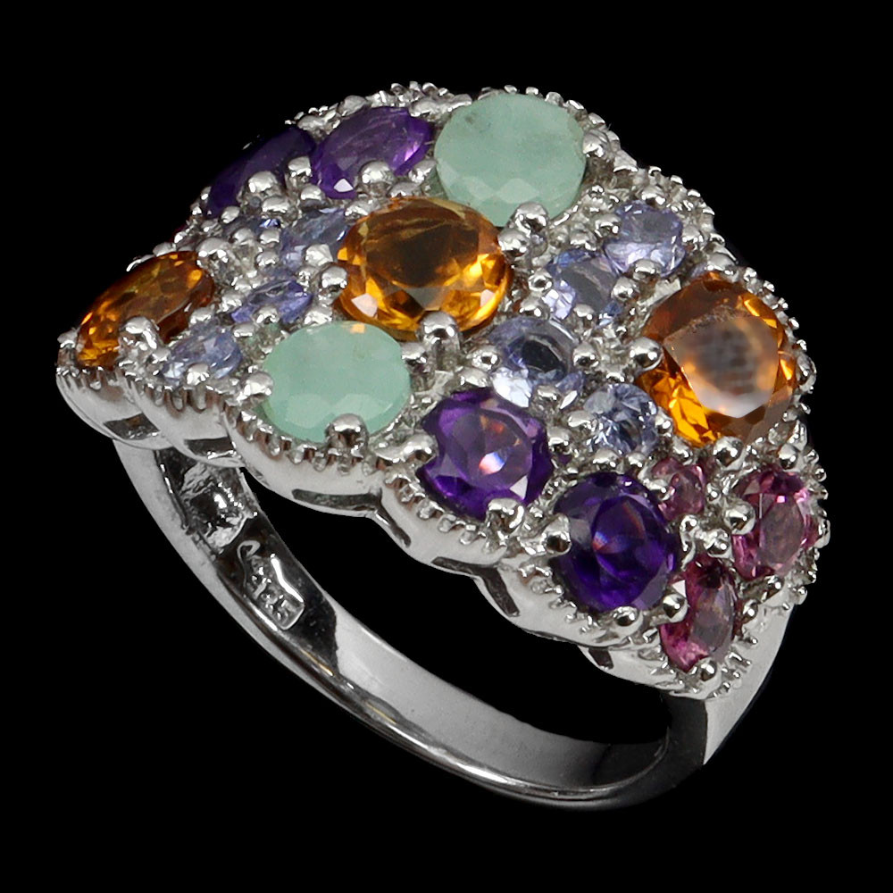 925 Sterling Silver Ring with Round Citrine, Emerald, and Tanzanite Natural Gemstones