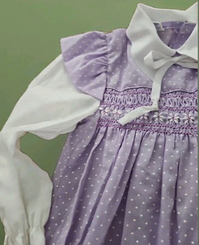 Vtg 70s Polly Flinders Hand Smocked Floral Bib Dress Lavender Girl Sz 6 Prairie - Picture 5 of 12