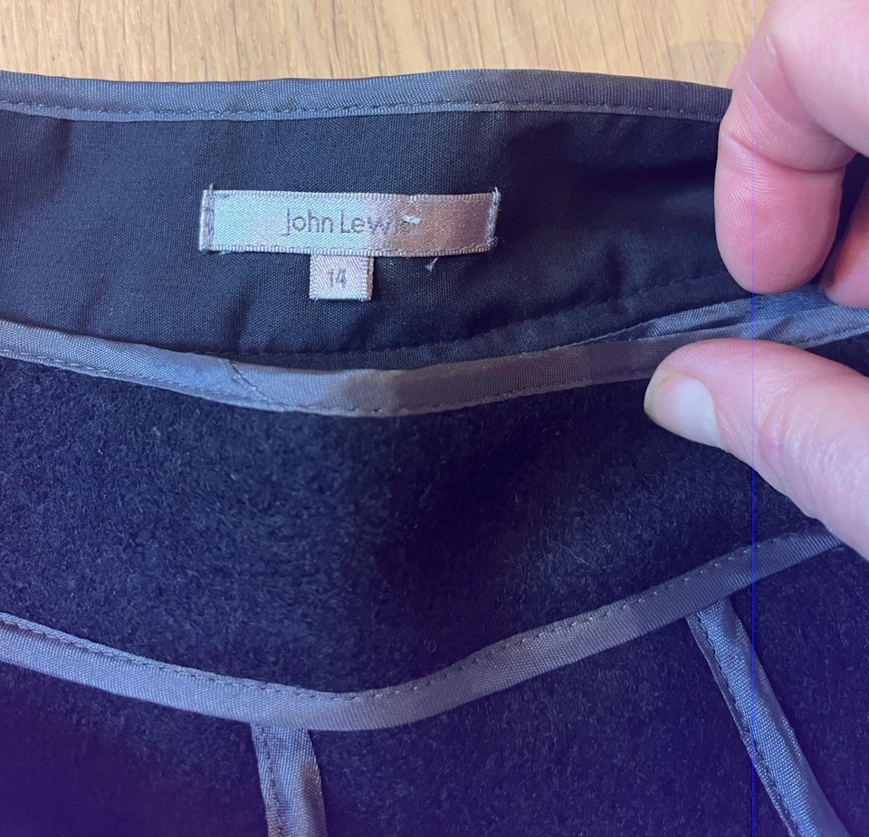 John Lewis black wool blend skirt UK14 flared panelled grey satin trim midi - Image 3 of 4