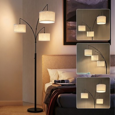 3-Light Arc LED Floor Lamp 2400LM Dimmable Standing Light Beige Linen Shade