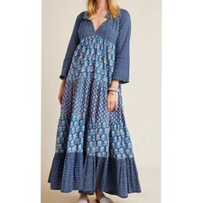 Ro's Garden Sonya Tiered Floral Block Print Maxi Dress Blue Women's XS