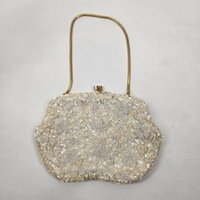 VTG Hand Beaded Cream Clutch Purse Gold chain clasp Crown Colony Hong Kong
