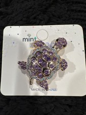 Sea Turtle Rhinestone Purple GoldTone Brooch 1.5" NEW