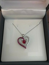 Sterling Silver Heart Red Ruby  White Sapphire Pendant Necklace 18 in box chain