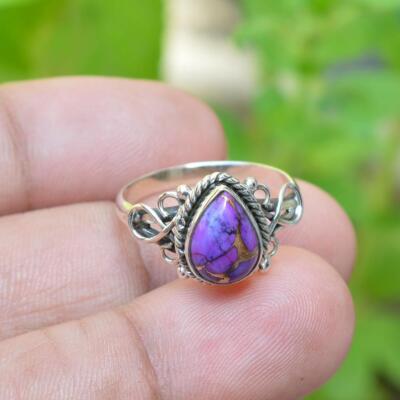 925 Sterling Silver Pear Shaped Purple Copper Turquoise Handmade Fine Ring
