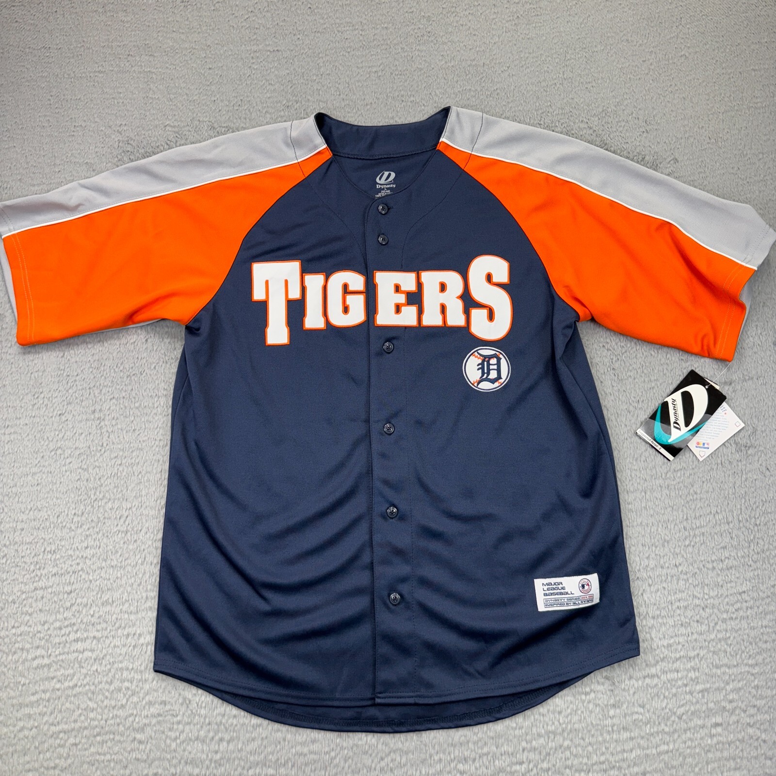 NWT Vintage Detroit Tigers Dynasty mens Large jersey blue button stitched MLB