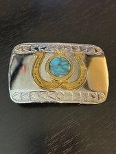 Vintage Collectible Horseshoes Turquoise Looking Piece Metal Belt Buckle