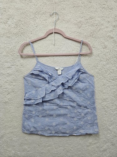 H M Women Top 6 Blue Cotton Blend Floral Eyelet Sleeveless Ruffle Camisole Fit - 第 1/18 張圖片