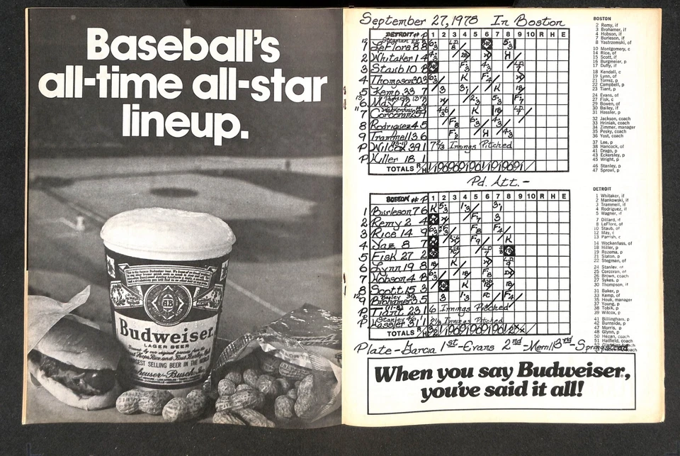 SEPTEMBER 27, 1978 BOSTON RED SOX @ DETROIT TIGERS SCORECARD & PROGRAM SCORED - Image 2 of 2