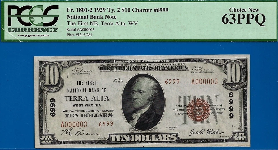1929 $10 National Currency PCGS 63PPQ finest Terra Alta, West Virginia CH# 6999 - Image 3 of 4