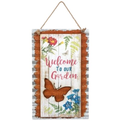 Farmhouse Welcome to Garden Metal Rustic Wall Décor Sign Flower Butterfly Lobby 
