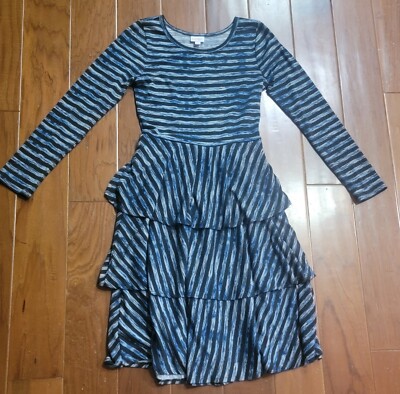 LulaRoe Womens Stripe Dress Long Sleeve 3-Layer Flounce Blue Size S