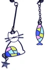 Mismatched cat and fish dangling clip on earrings