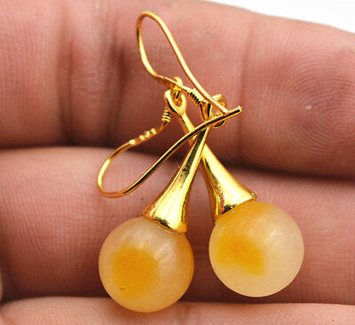 Beautiful Natural yellow Jade Gemstone 925 Silver Drop/Dangle Earrings 