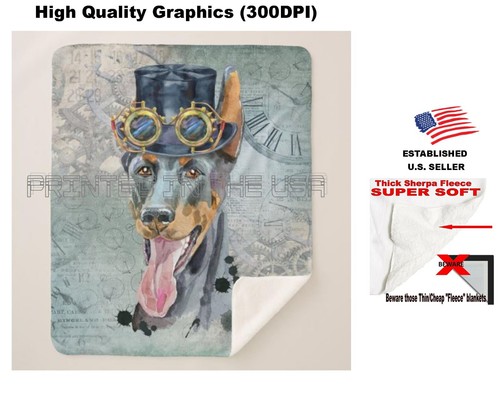 Doberman Pinscher Dog Watercolor Steampunk Theme Sherpa Fleece Throw Blanket  - Picture 1 of 6