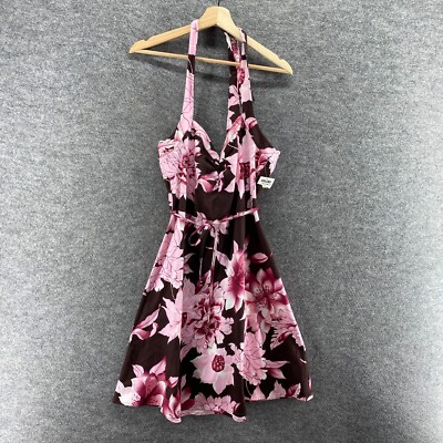 New Aqua Bluer Dress Women L Pink Floral Sheath Short Belted Sleeveless Mini