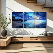 3pcs Fantasy Landscape Art Starry Sky Beach Wall Art Canvas Framed 50x70cm