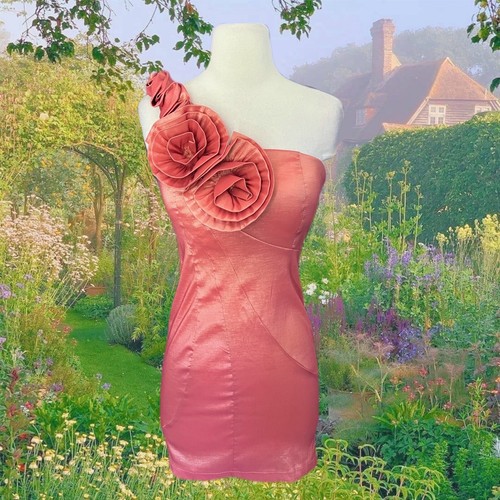 Vintage Y2k 90s Formal Dress Small Iridescent Metallic Short Prom Flower Stretch