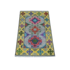 1'10" x 2'9" Yellow Fusion Kazak Organic Wool Hand Knotted Oriental Rug R55596