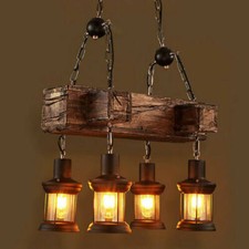 Rustic 4 Heads Chandelier Wood Industrial Ceiling Lamp Pendant Light Fixture USA