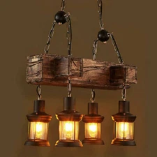 Rustic 4 Heads Chandelier Wood Industrial Ceiling Lamp Pendant Light Fixture USA