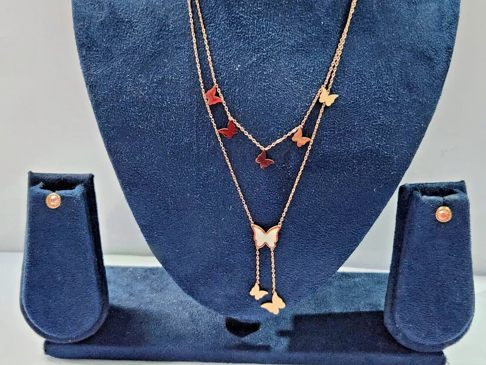 NECKLACE Rose Gold Filled LUXURY Butterfly Set Mother of Pearl Layered 60cm UK/S - Image 4 of 4