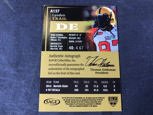 I4-72 FOOTBALL CARD - LYNDEN TRAIL ROOKIE - AUTOGRAPHED - 2016 SAGE - CARD #137 - Picture 2 of 2