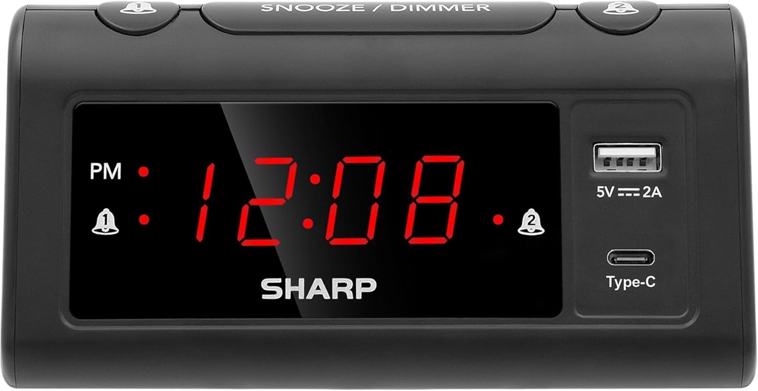 USB-C Alarm Clock with Fast USB Charging for Bedrooms, Silent Digital Display