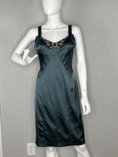 David Meister Sheath Dress Satin Embellished Beads Crystals Dark Teal Size 10