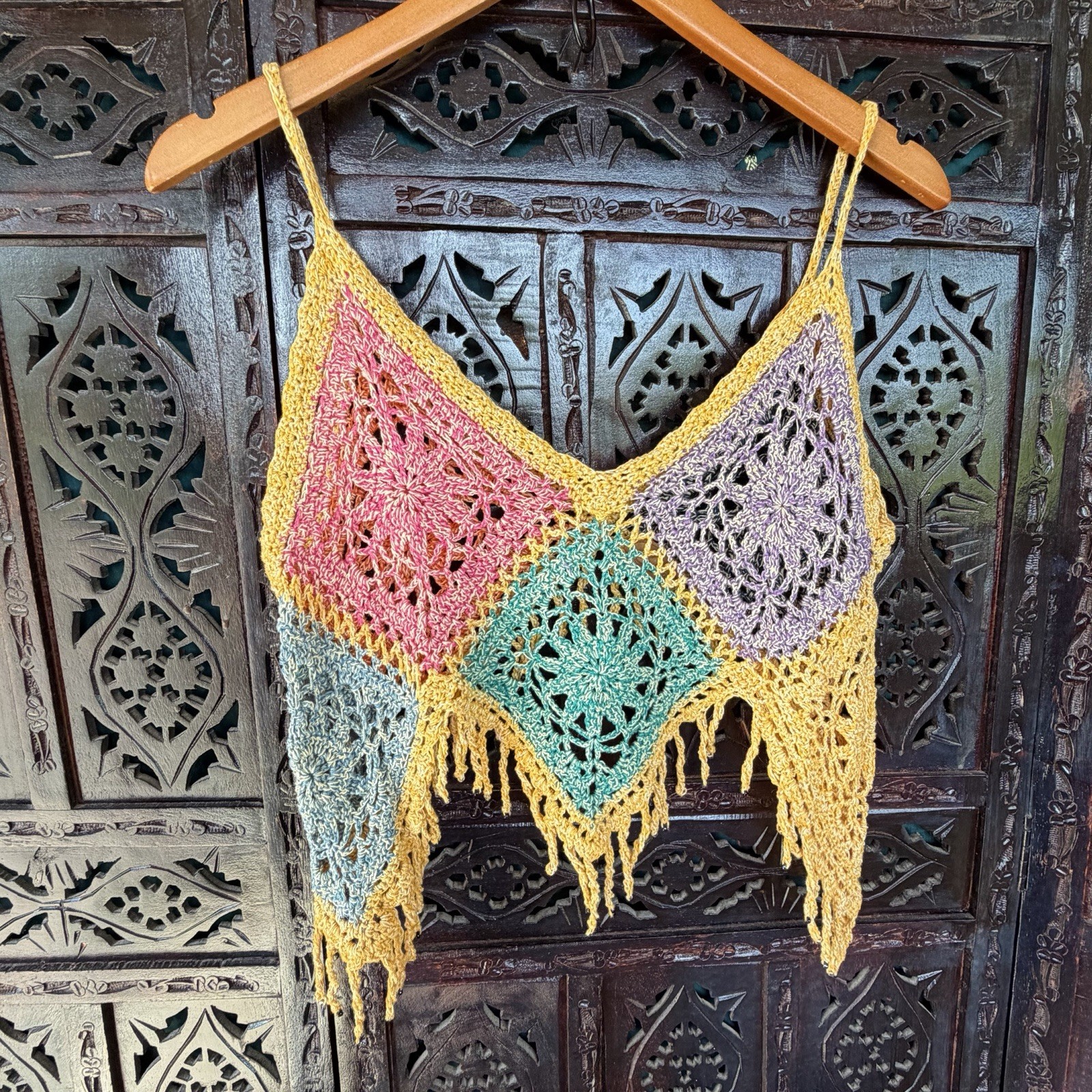 Handmade 100 Cotton Crochet Granny Square Crop Top Beads Fringe M/L Festival