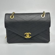 Chanel Vintage Chevron Envelope Flap Bag Black Lambskin Gold Tone Hardware