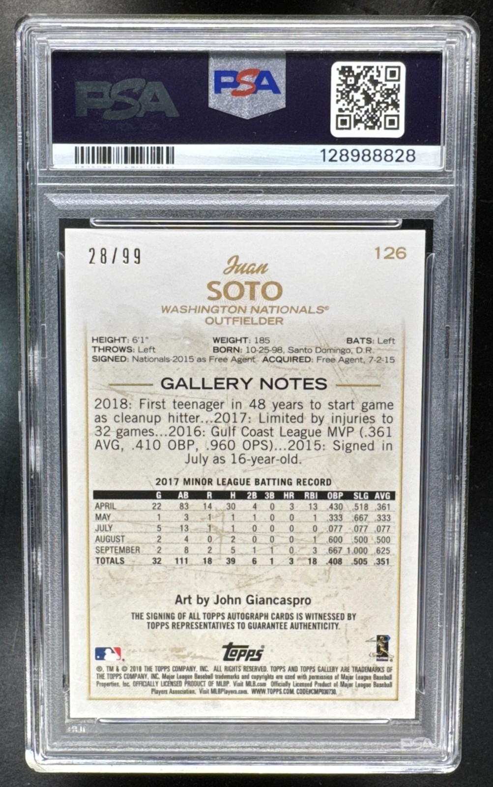 2018 Topps Gallery Juan Soto #126 Auto Green 28/99 Rookie Auto Nationals PSA 6 view 2
