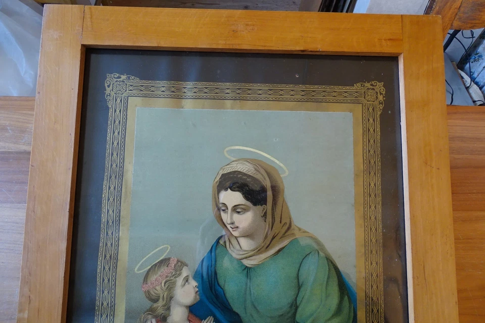c.1895 HEILIGENBILD 59x44cm Hl. St. ANNA lehrt MARIA Druck von O. Bloch Breslau - Bild 3 von 4