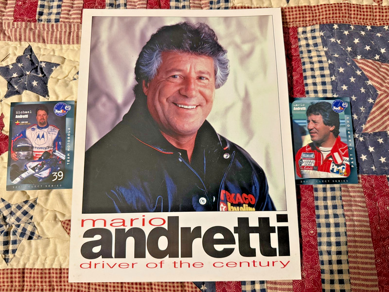 Mario Andretti 8 1/2 x 10 Photo/Hero Card and Mario & Michael Trading Cards