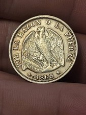 Vintage From Year 1865 Chile 20 Centavos Silver Coin Currency