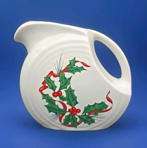 Fiesta Ware Christmas Disk Pitcher creamer White W/ Holy & Ribbon Rare 20 OZ.