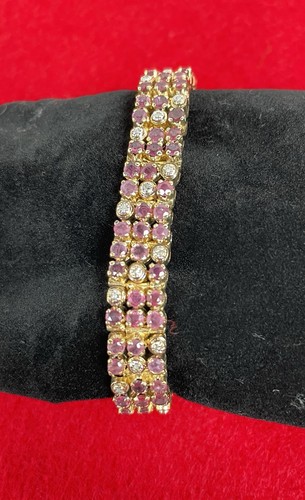 Vintage Ruby/Diamond 14K Gold Plating 925 Silver Tennis Three-Row Bracelet 6"
