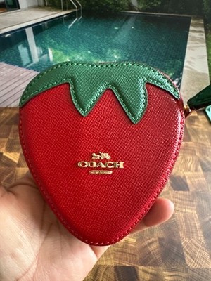 Coach CAN28 Strawberry Coin Case Change Purse Bold Red Leather