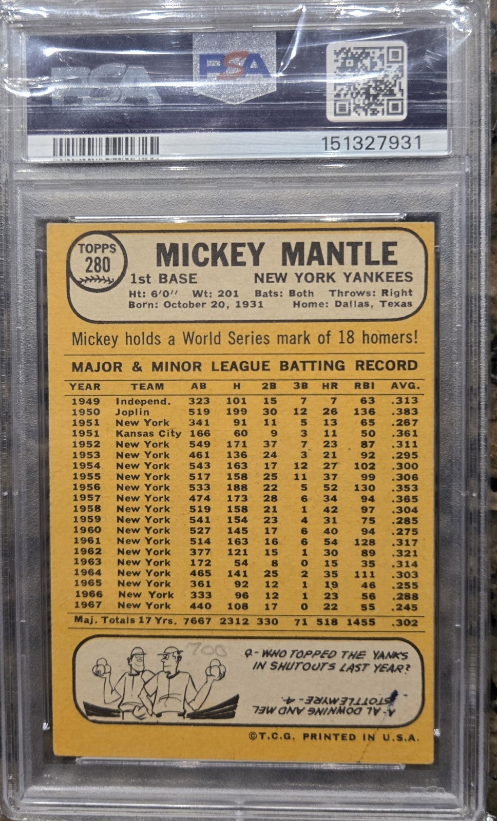 1968 Topps - Mickey Mantle #280 Psa Vg 3(mk) view 2