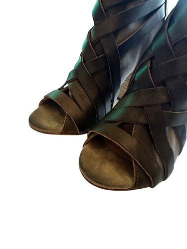 Diesel Negro Dorado Cuero Gris Oliva Enjaulado Puntera Abierta Tacón Botines UK4.5EU37 - Imagen 14 de 20