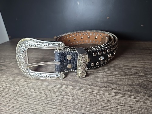 Nacona Belt Womens M Black Sparkle Leather Silver Buckle Rhinestone Westerncore